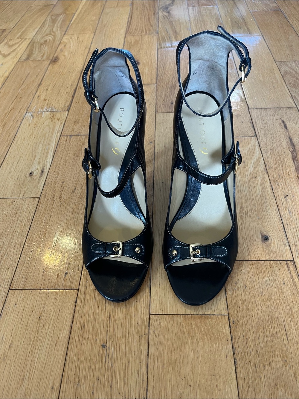 Boutique 9 Black Leather Open-Toe Ankle-Strap Heels with Gold Accents